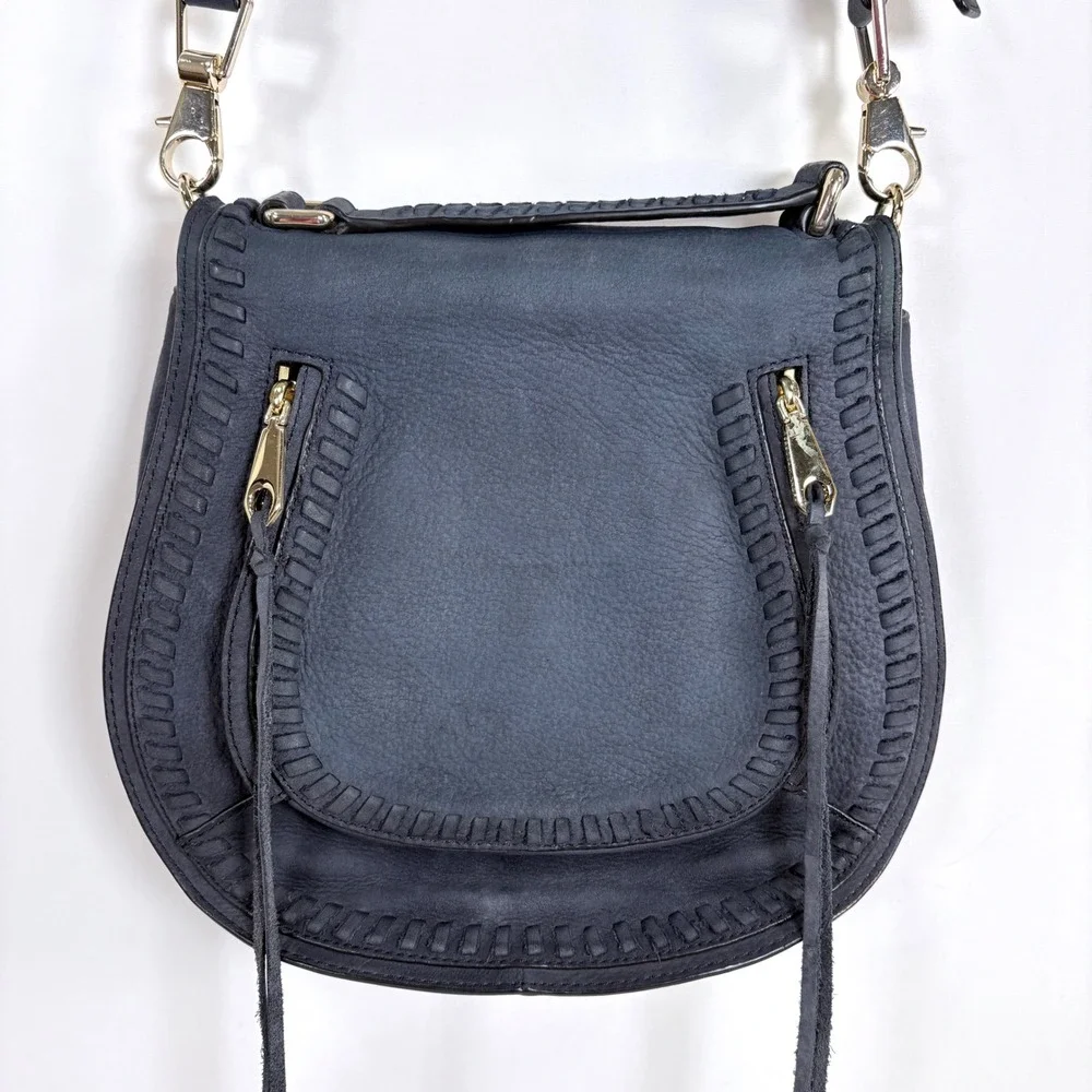 Rebecca Minkoff Vanity Saddle Bag Navy Blue Suede Whipstitch Crossbody Boho